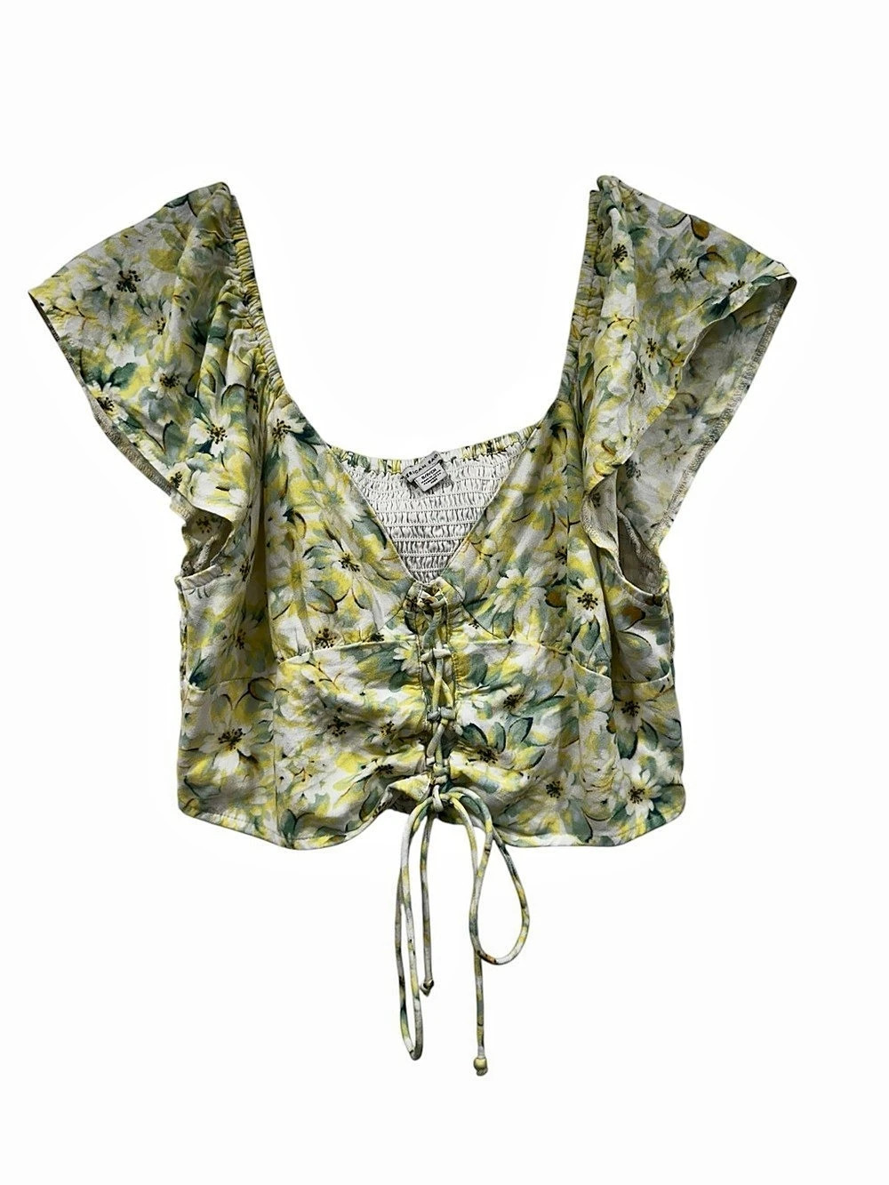 American Eagle Yellow Floral Smocked Tie-Front Crop Top Green & Yellow Small